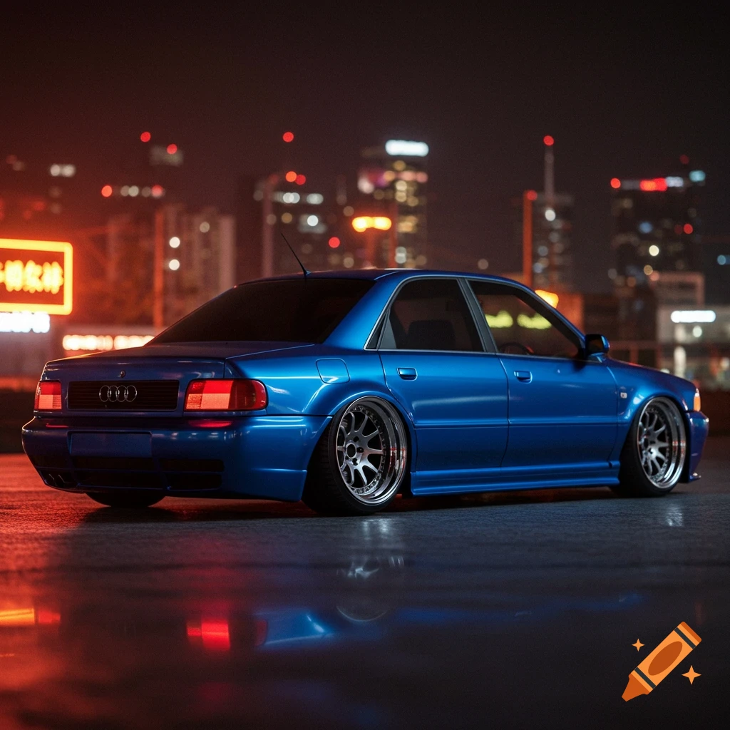 A lowered blue Audi B5 A4 with aftermarket wheels on a wet street at night with city lights in the background.