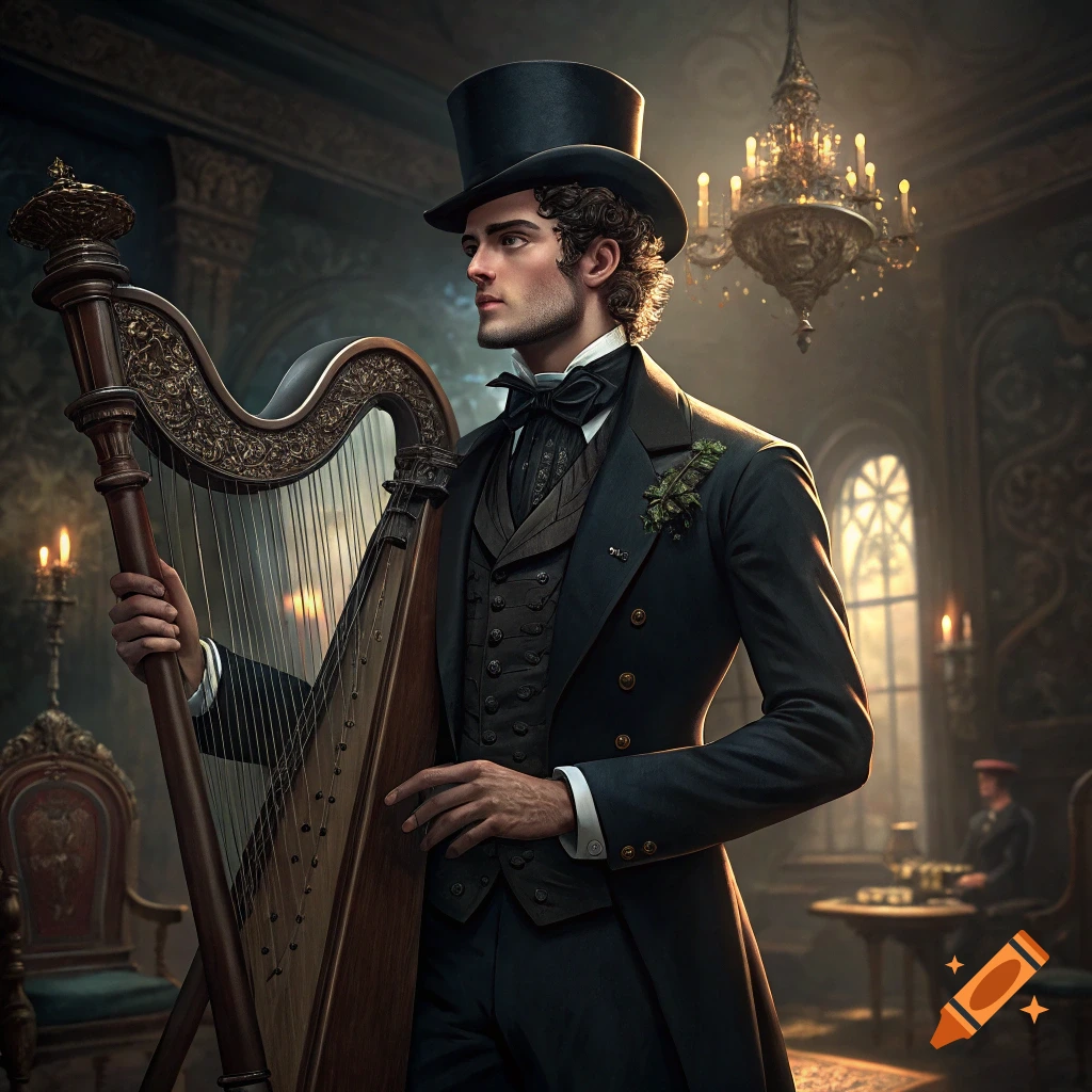 Man in Victorian attire holds a harp in an ornate room.
