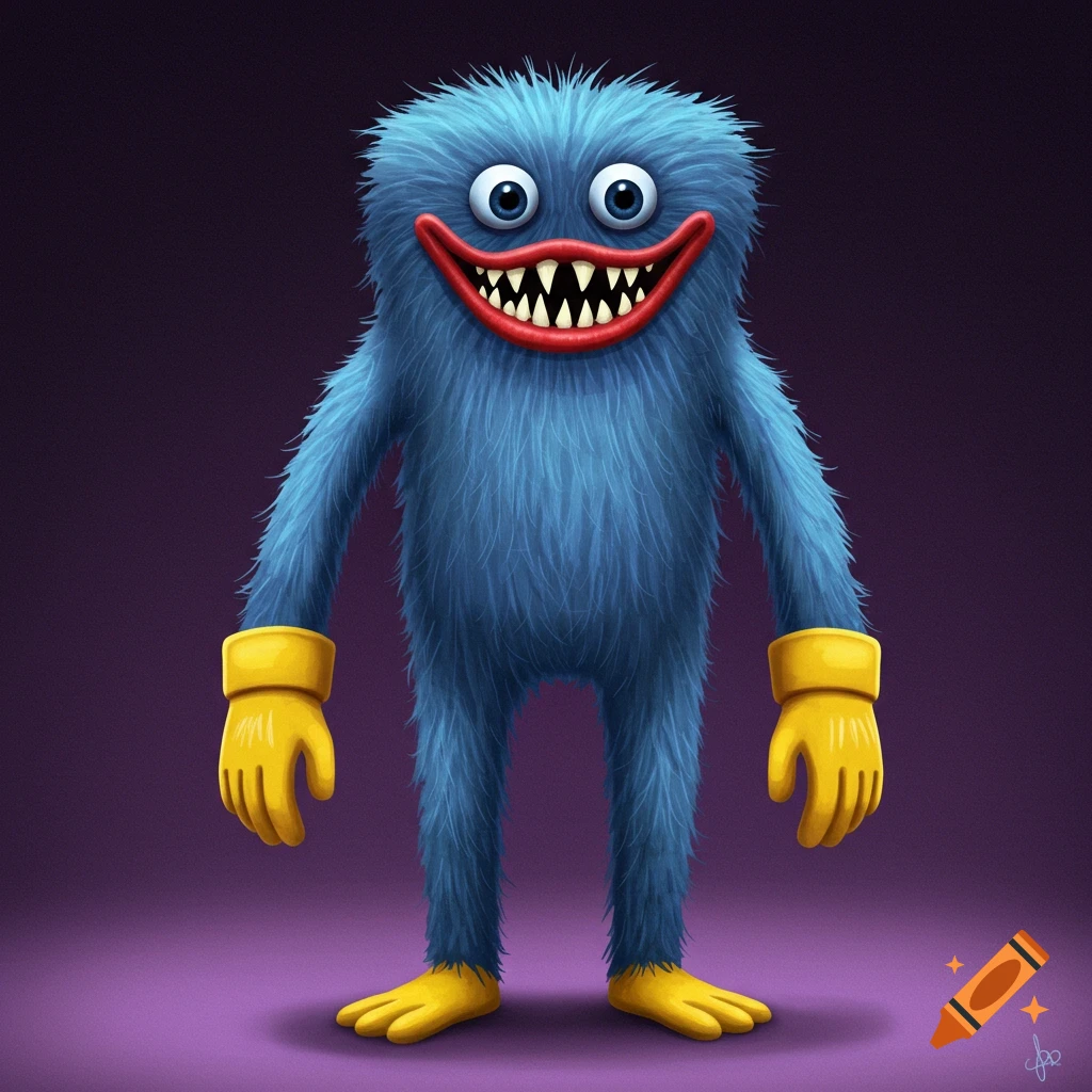 A blue furry monster with a wide grin showing sharp teeth, large eyes, yellow gloves, and yellow feet.