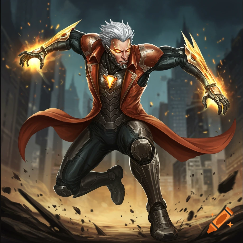 A white-haired superhero leaps forward in a ruined city, hands glowing with energy.
