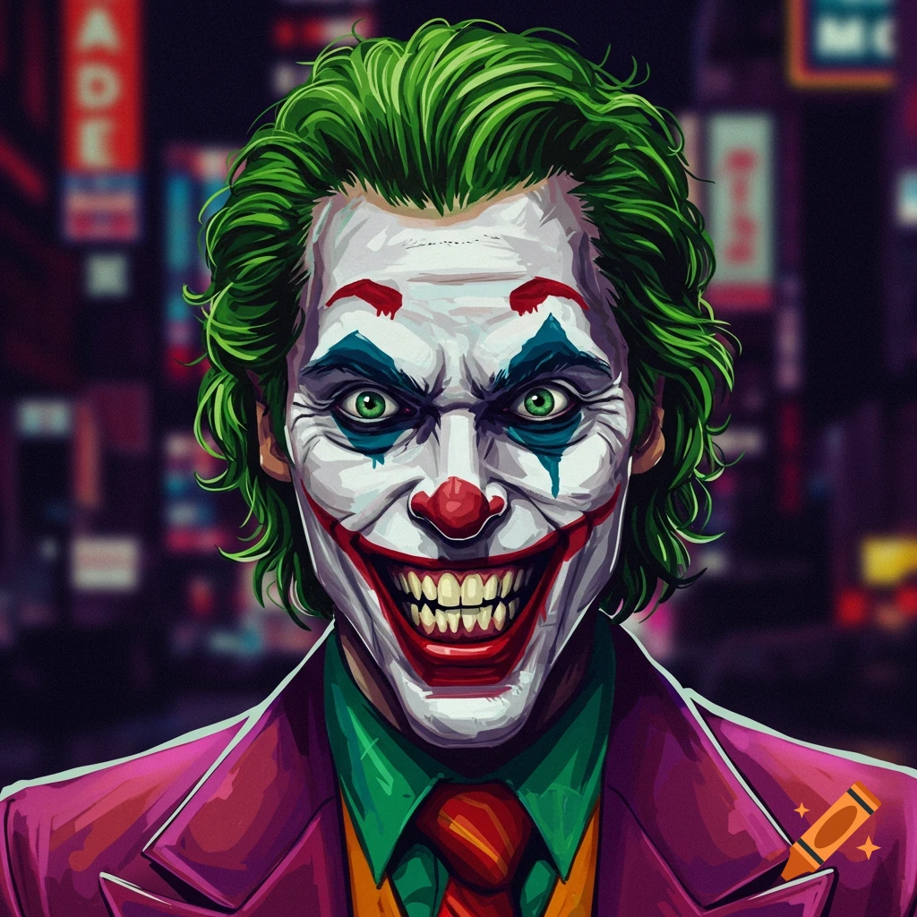 Portrait of the Joker smiling with green hair, clown makeup, and purple suit against a blurry city background.