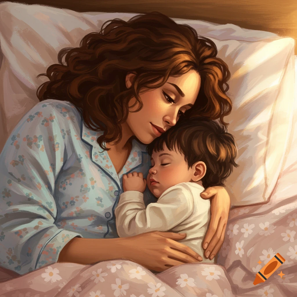 A mother and child sleeping peacefully in a bed