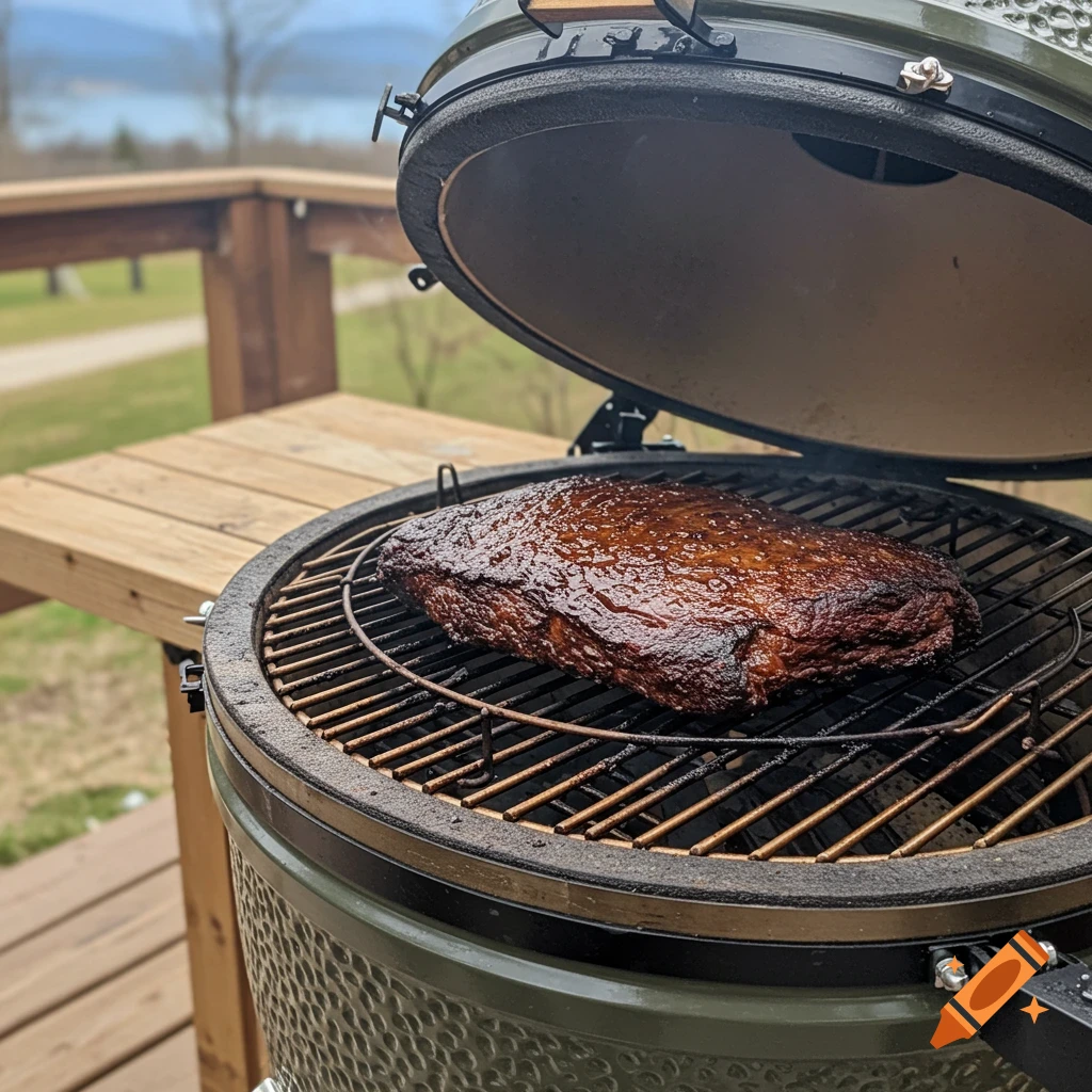 A large brisket cooking on the grate of a Kamado Joe style grill on a wooden deck outdoors.