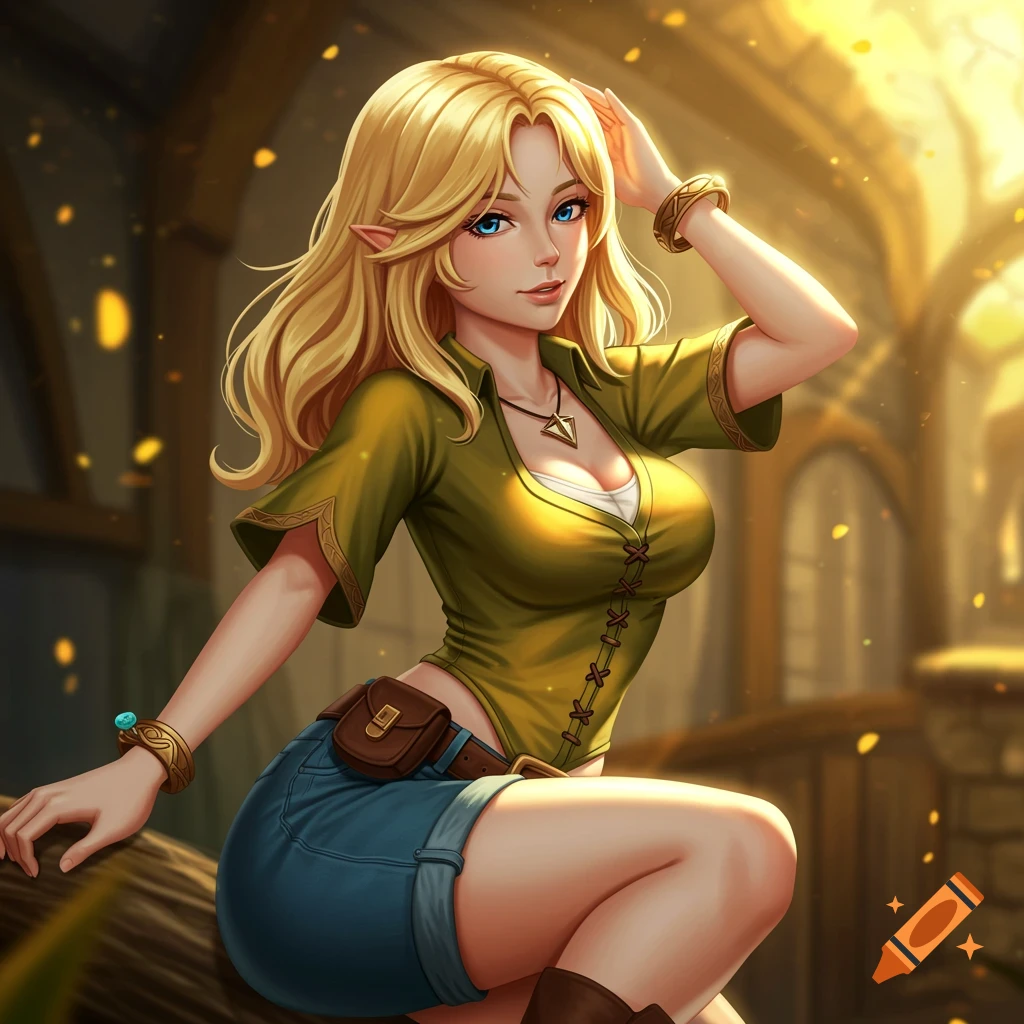 Blonde fantasy character sitting indoors.