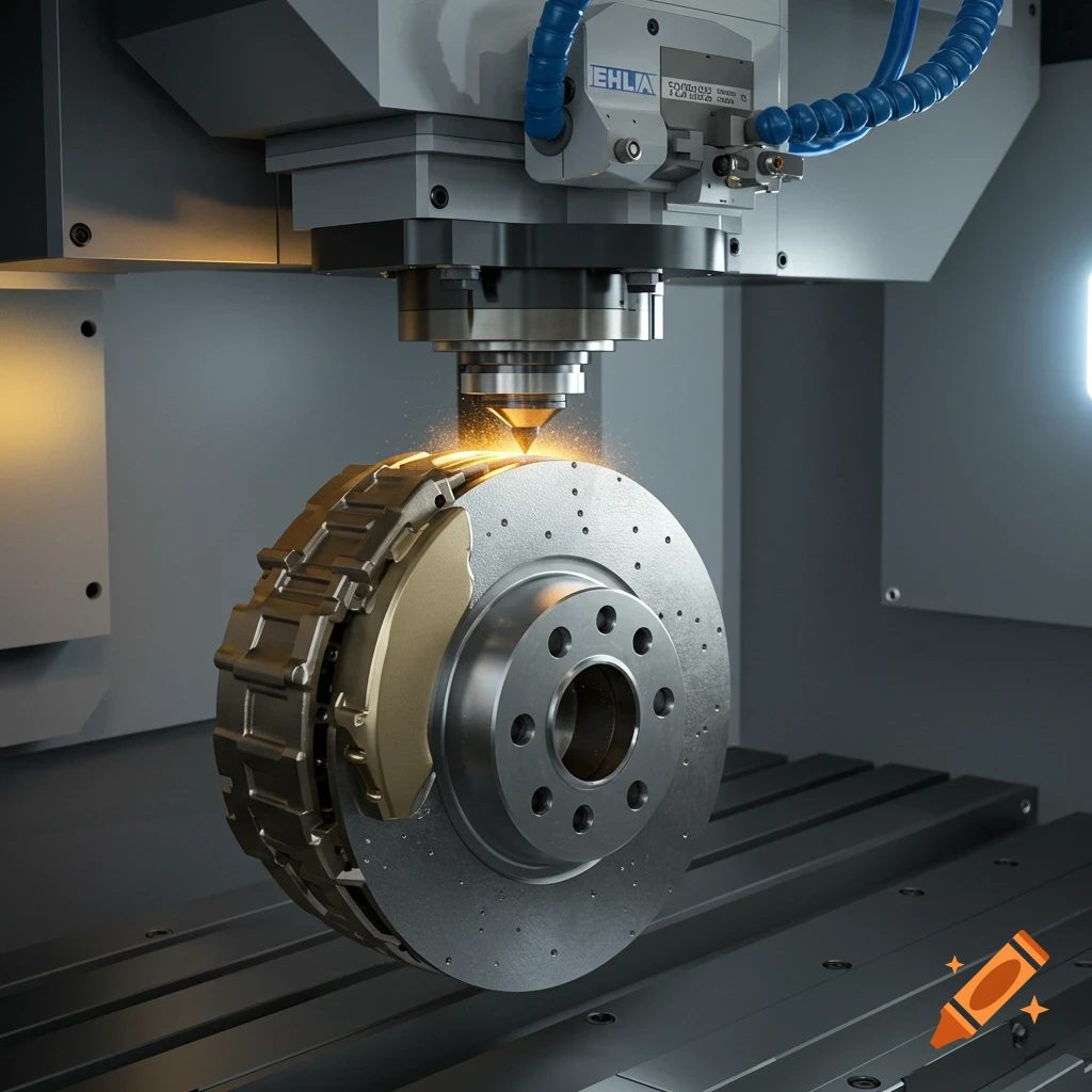 Close-up of an industrial machine laser cladding a car brake disc, creating sparks.