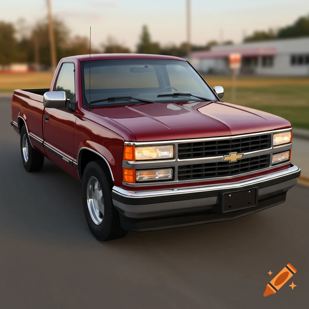 A burgundy Chevrolet Silverado pickup truck on a road