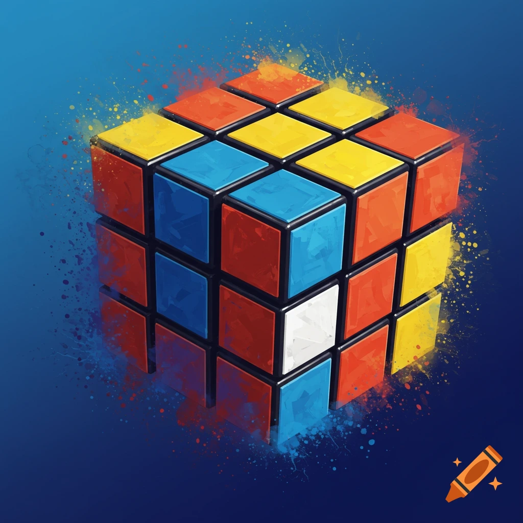 Rubik's Cube with colorful watercolor splashes on a blue background, digital art.