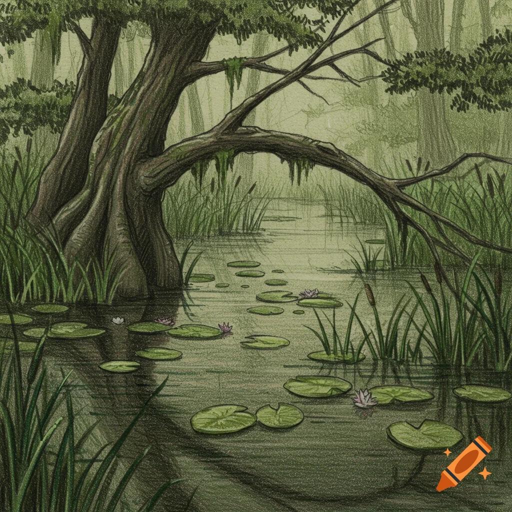 Sketch of a swamp with a large tree, water lilies, and tall grass.
