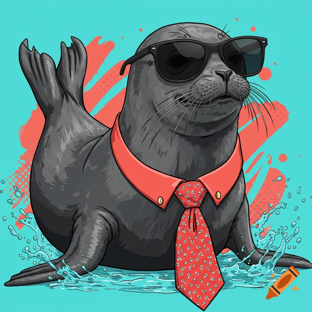 A seal wears sunglasses and a red shirt with a red tie, standing in water with splashes against a blue background.