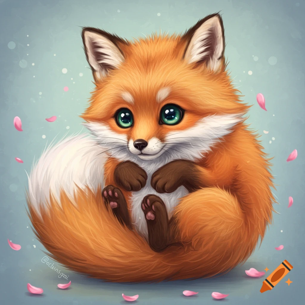 A cute fluffy fox curled up with big green eyes, with falling pink petals.