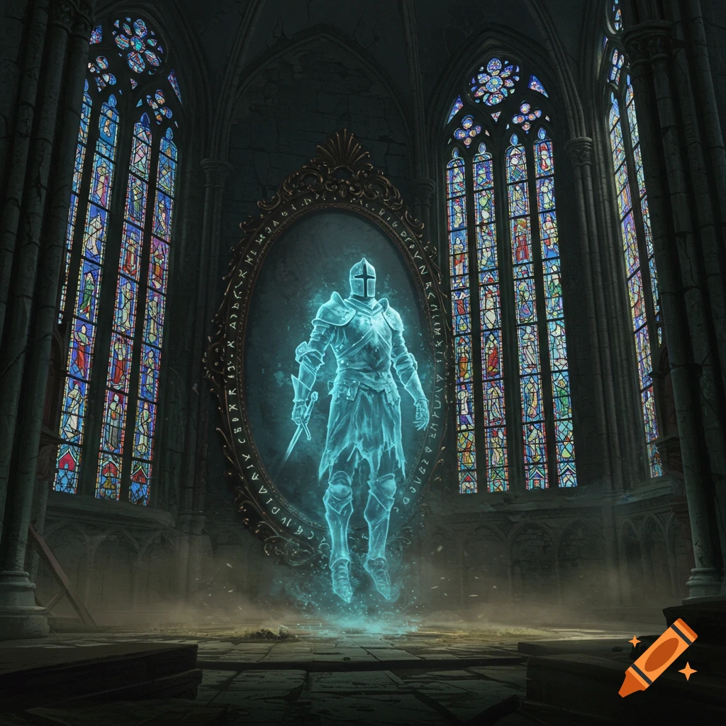 A glowing ghostly knight emerges from a mirror in a ruined cathedral with stained glass windows and glowing runes. Digital art.