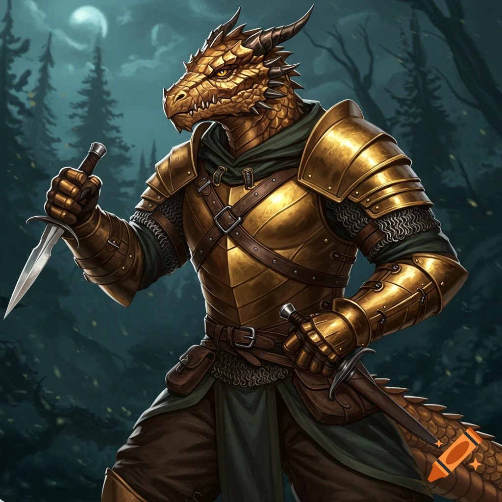 A humanoid dragon in golden armor holding two daggers in a forest.