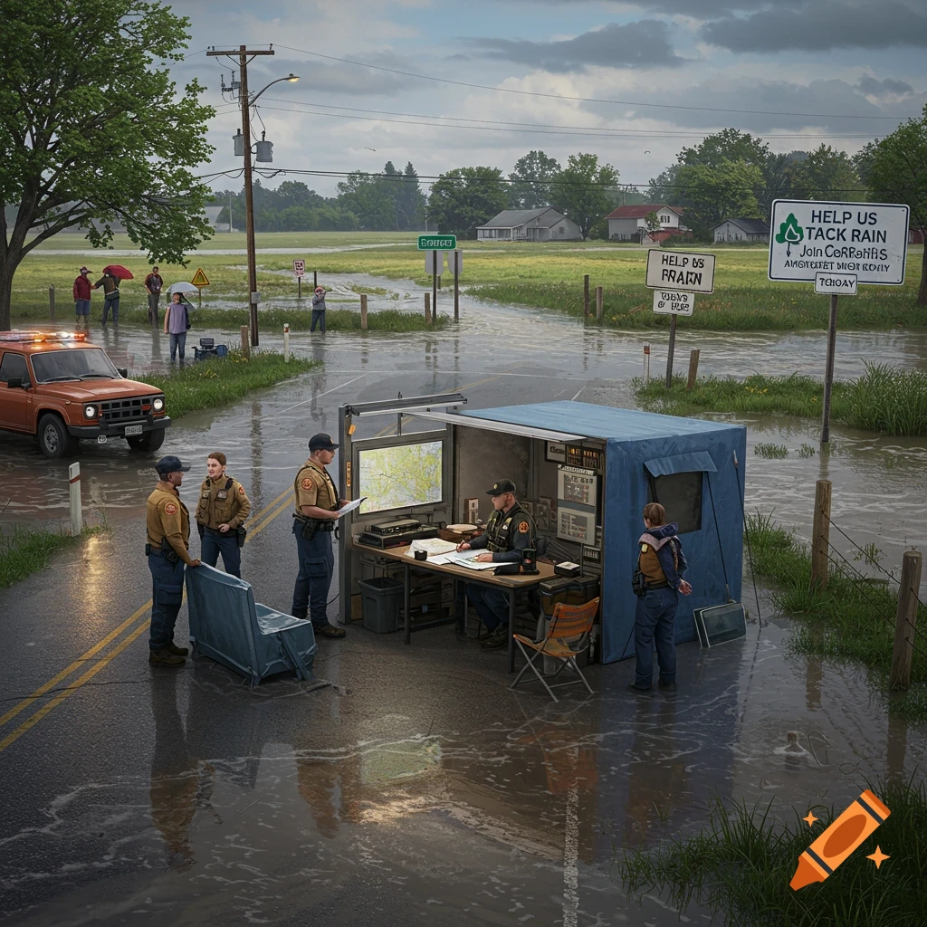 Photorealistic image of a flooded rural road with emergency responders near a temporary command post and residents watching in the background under a cloudy sky.