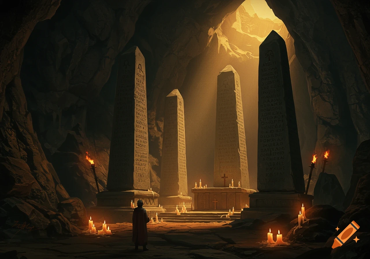 A person in an ancient cave with large stone obelisks and a shrine lit by torches and candles.