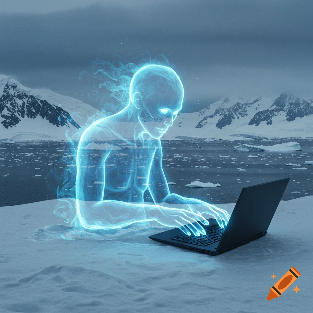 A glowing ghost figure types on a laptop in a snowy landscape.
