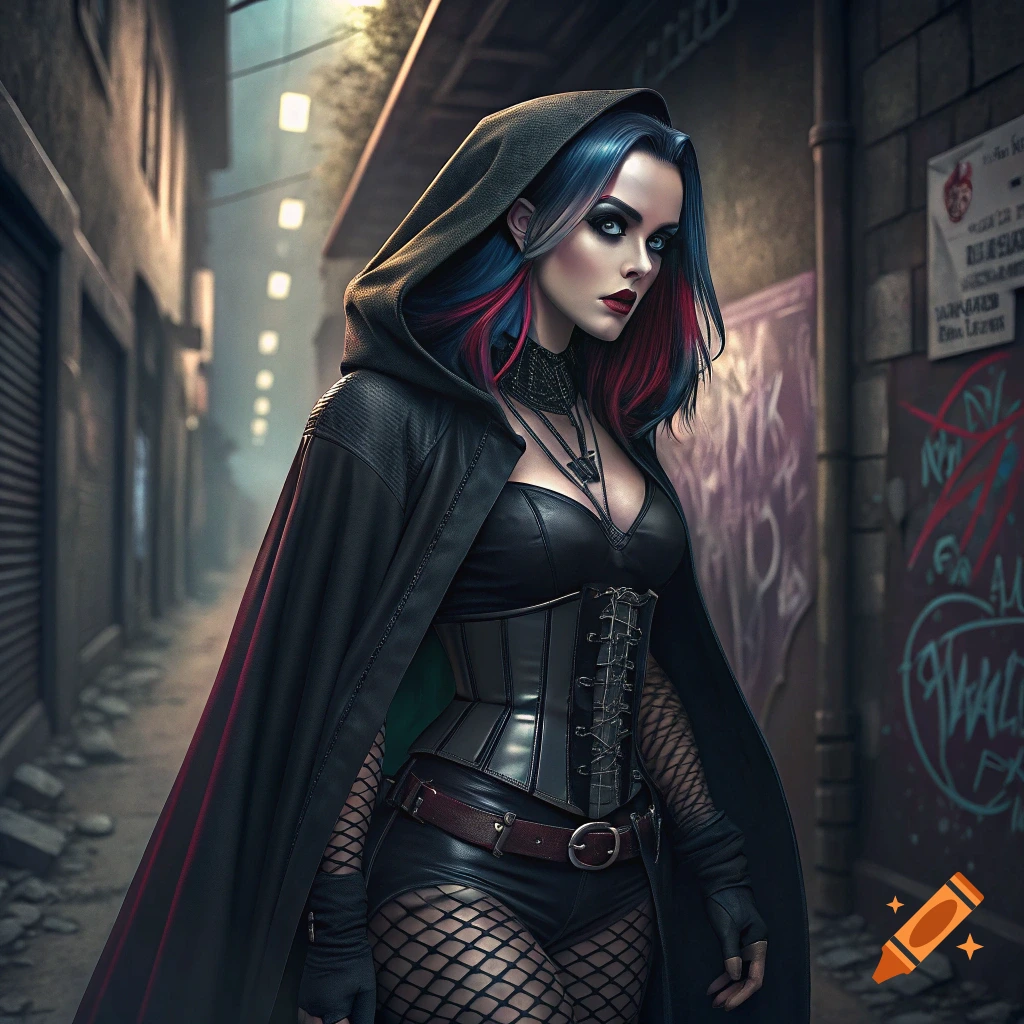 A goth woman with red and blue hair and a hooded cape stands in a dark alley.