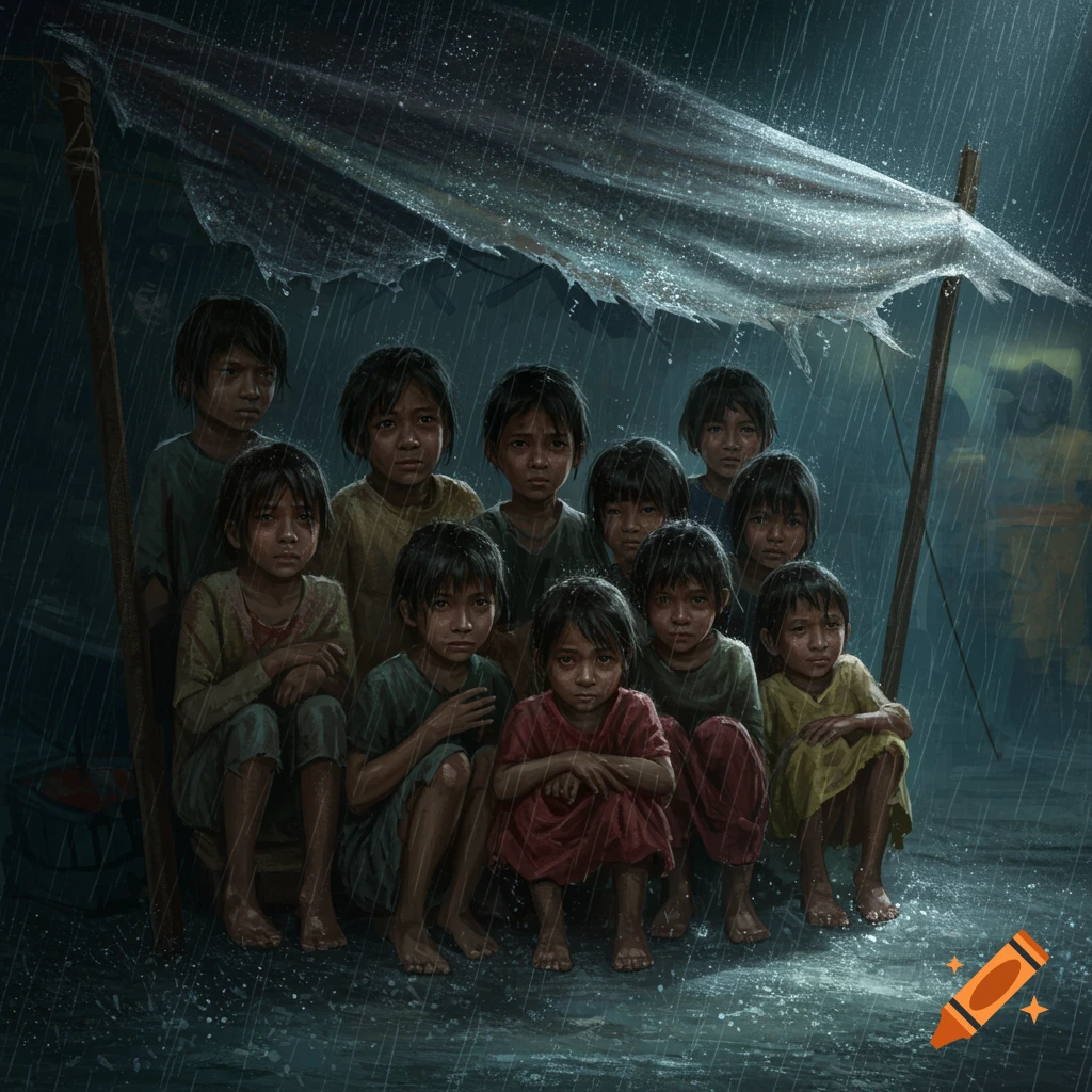 Children huddled under a tattered awning in the rain.
