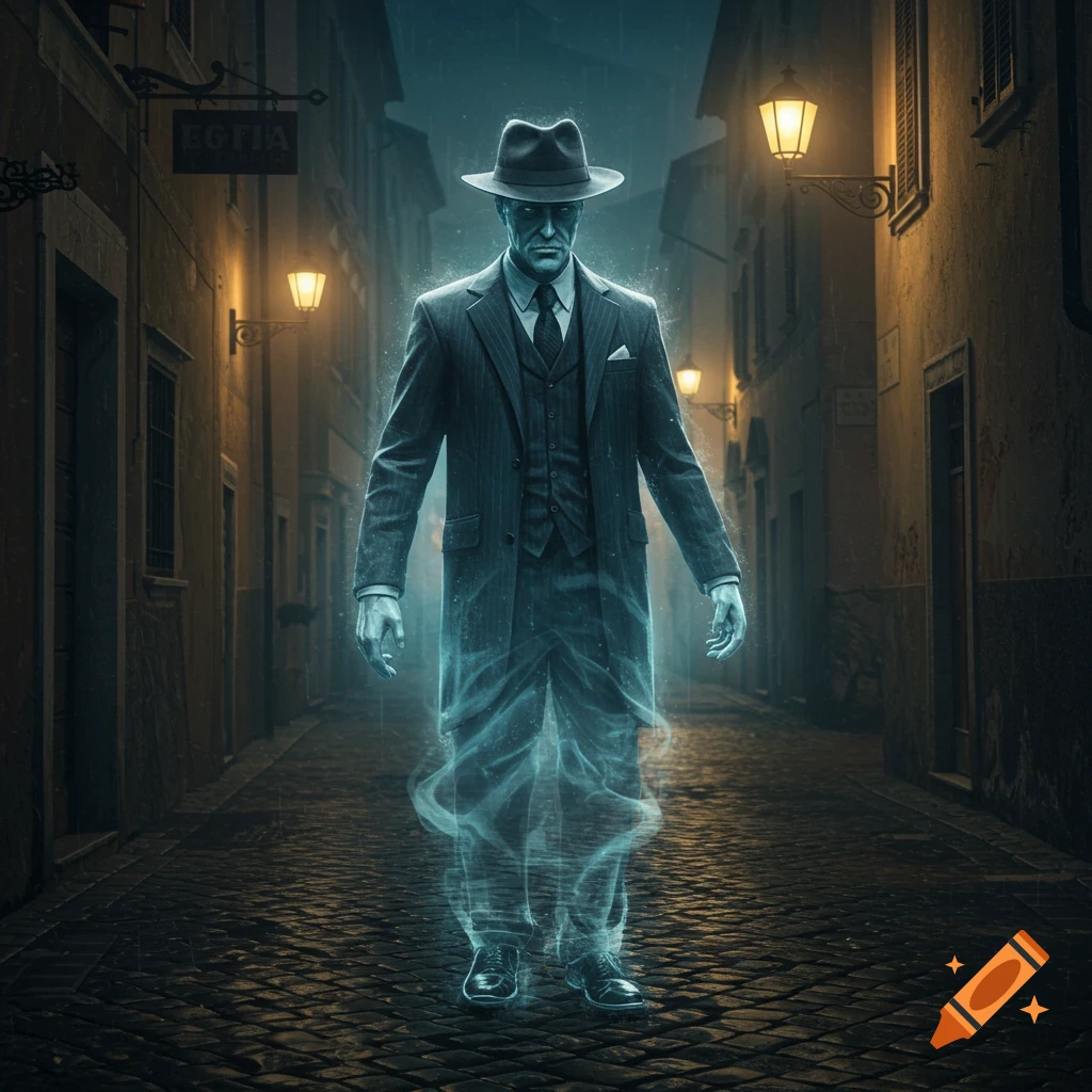 A ghostly figure in a fedora and pinstripe suit stands on a wet cobblestone street in a dimly lit city alley.