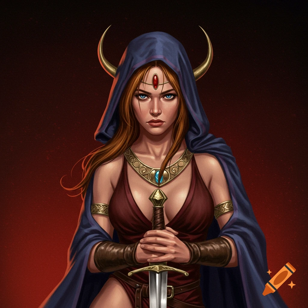 A female sorceress with horns and a hooded cloak holds a sword.