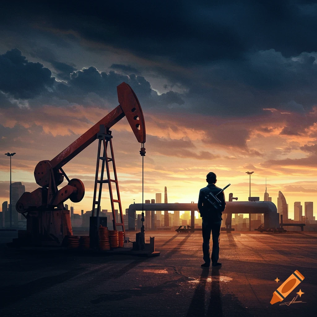 A person stands near an oil pump against a cityscape and sunset.