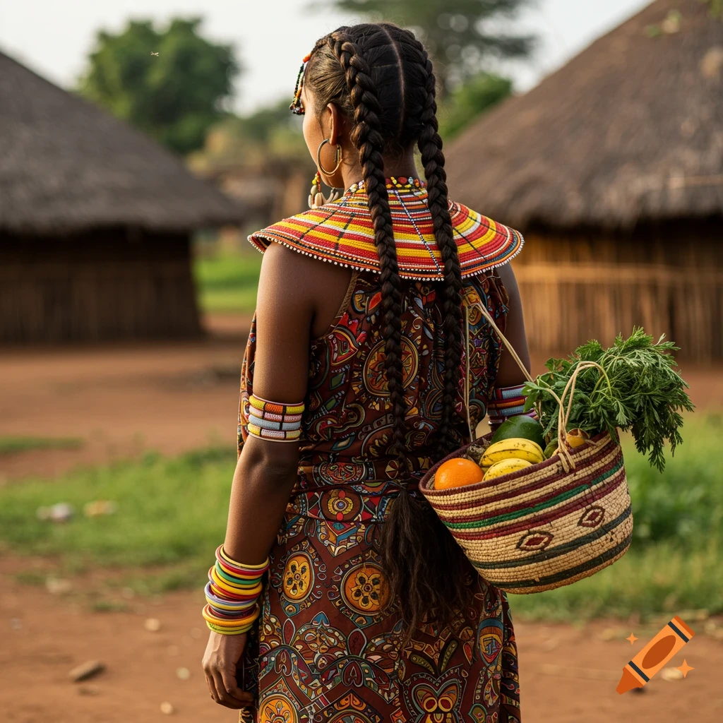 Woman in traditional African dress carrying a basket of produce through a village.