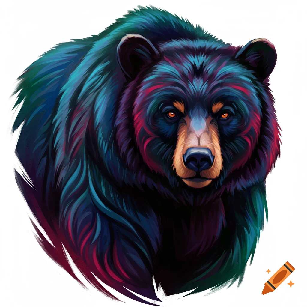 A black bear head with abstract blue, purple, and red highlights.