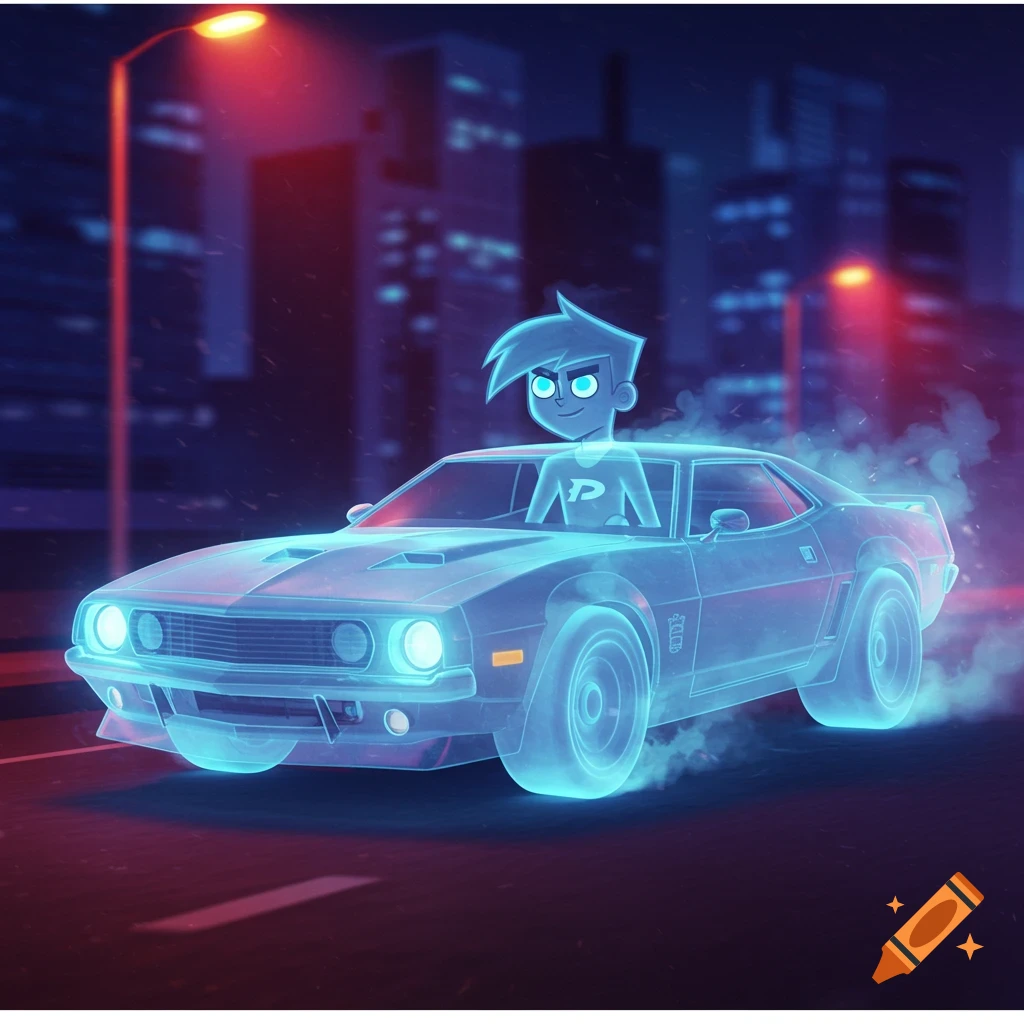 Cartoon character glowing blue driving a blue glowing car at night in a city