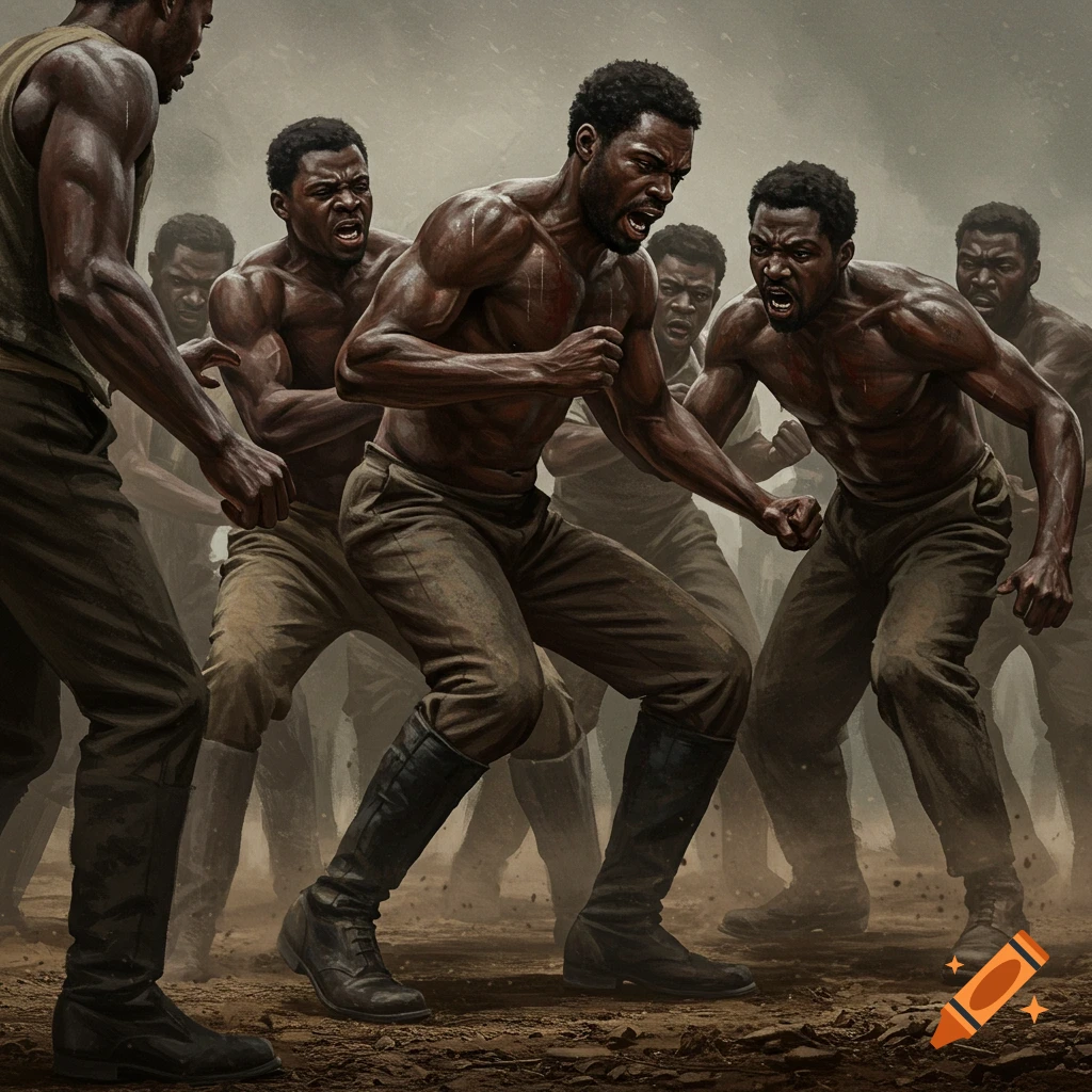 A group of muscular men fighting on dusty ground.