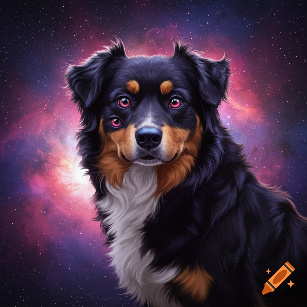 A black and tan dog with multiple pink eyes against a purple galaxy background.