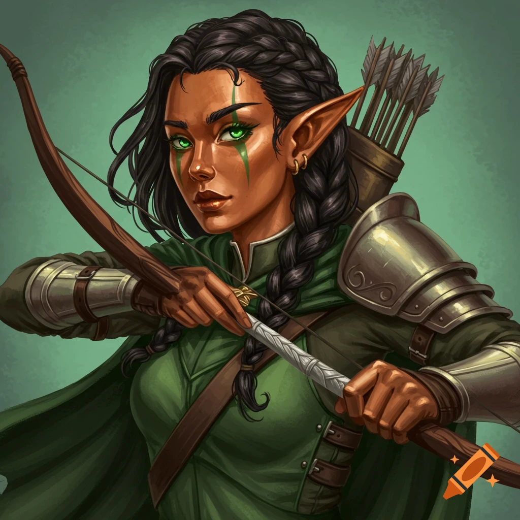 A half-elf woman with copper skin, green eyes, braided black hair, and green outfit, holding a longbow.