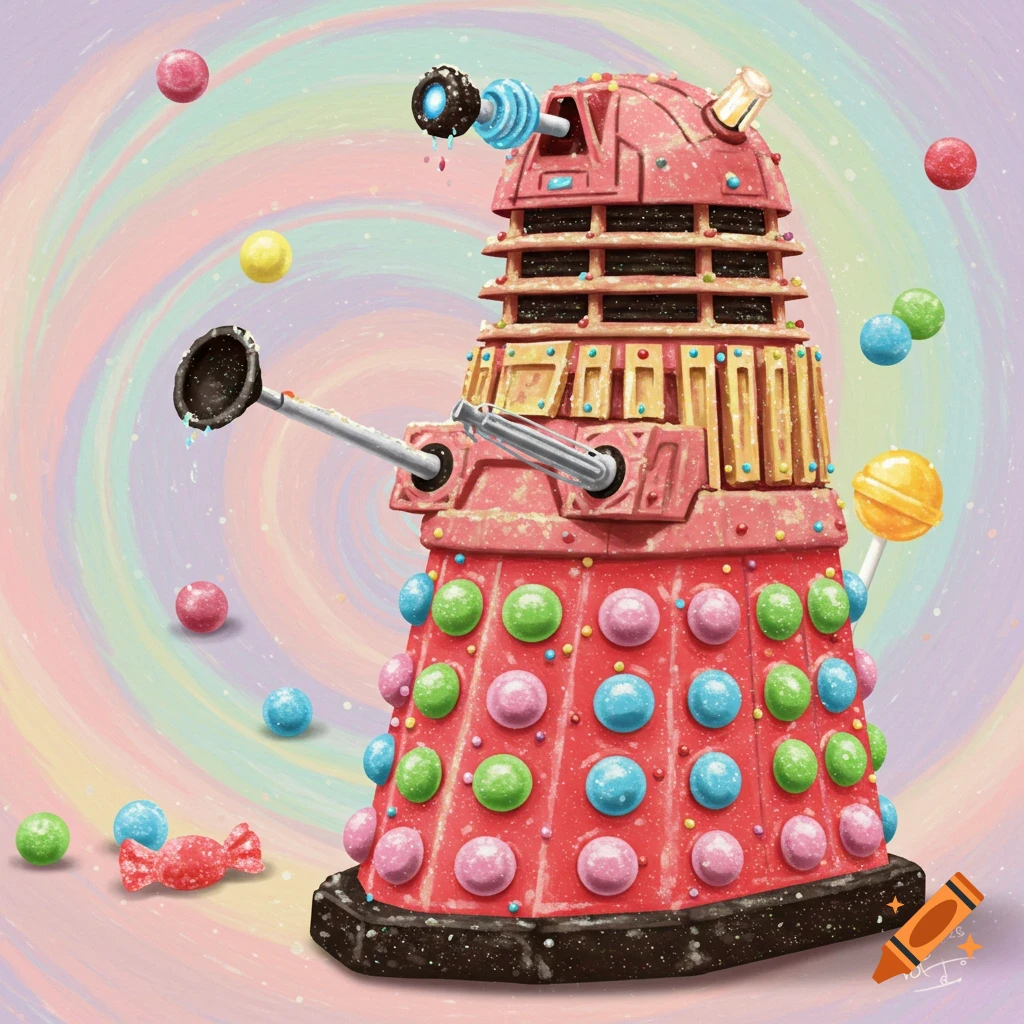 A colorful image of a Dalek made of candy, surrounded by gumballs and a lollipop, against a swirly rainbow background.