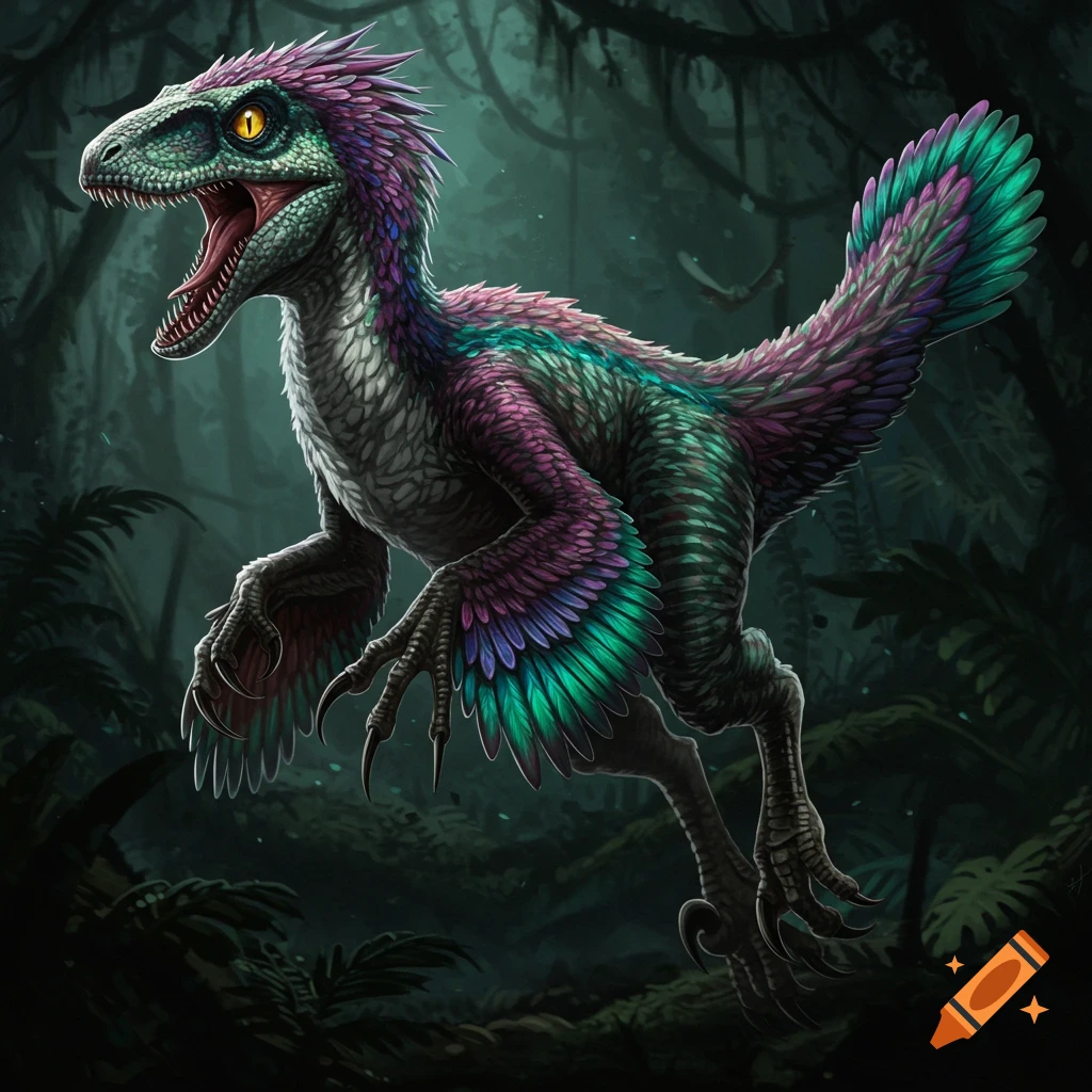 A feathered velociraptor leaps through a dark jungle.