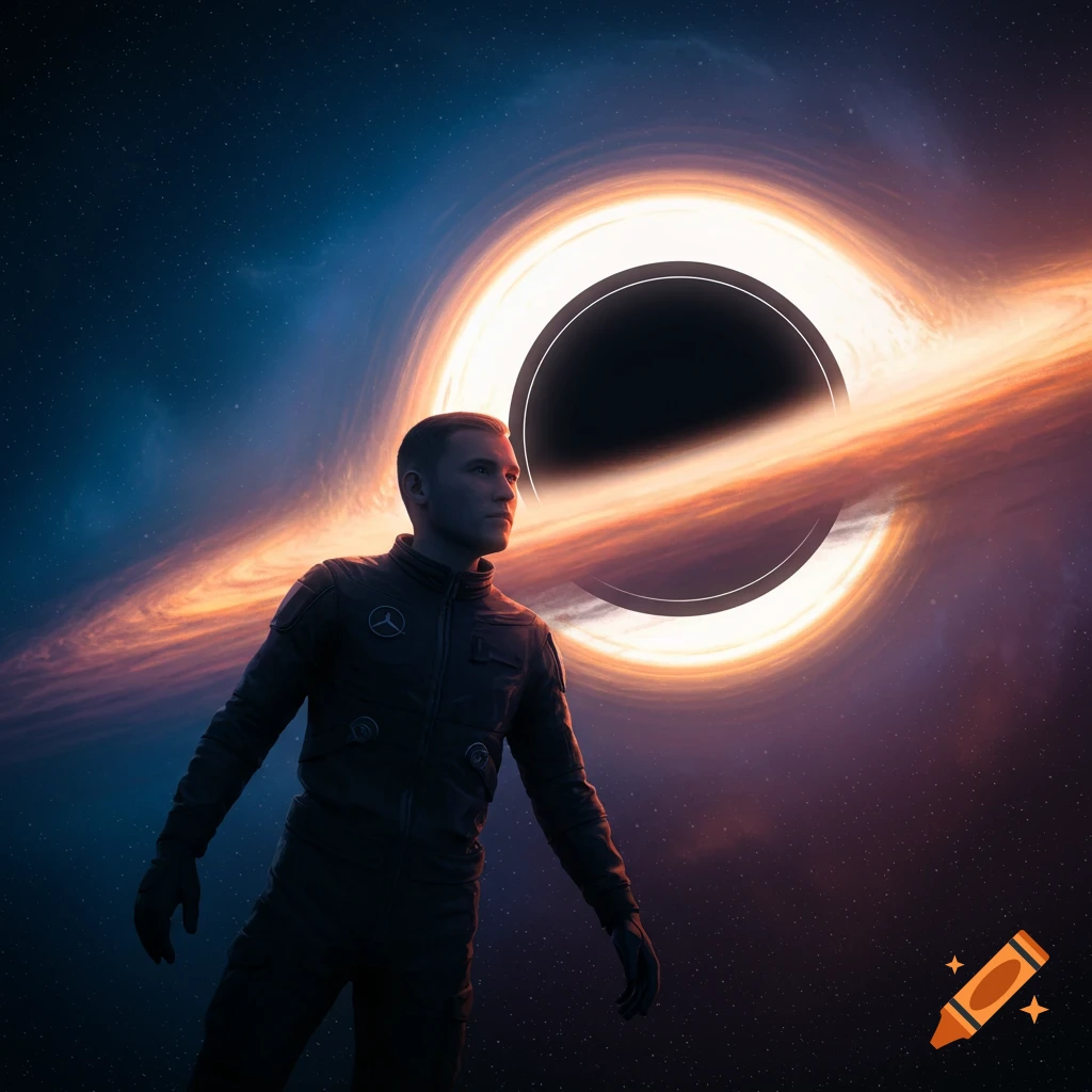 A person in a black suit looking at a black hole in space.