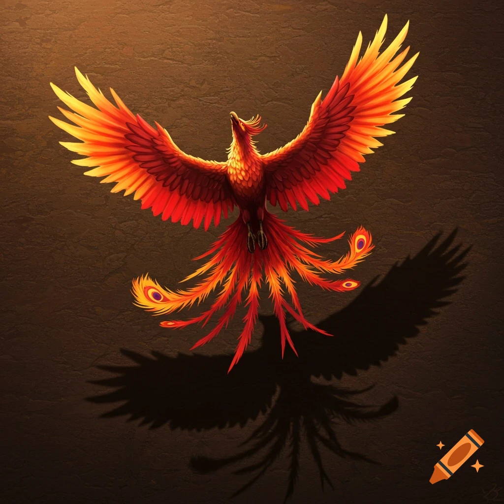 A vibrant red and orange phoenix flying and casting a strong shadow.