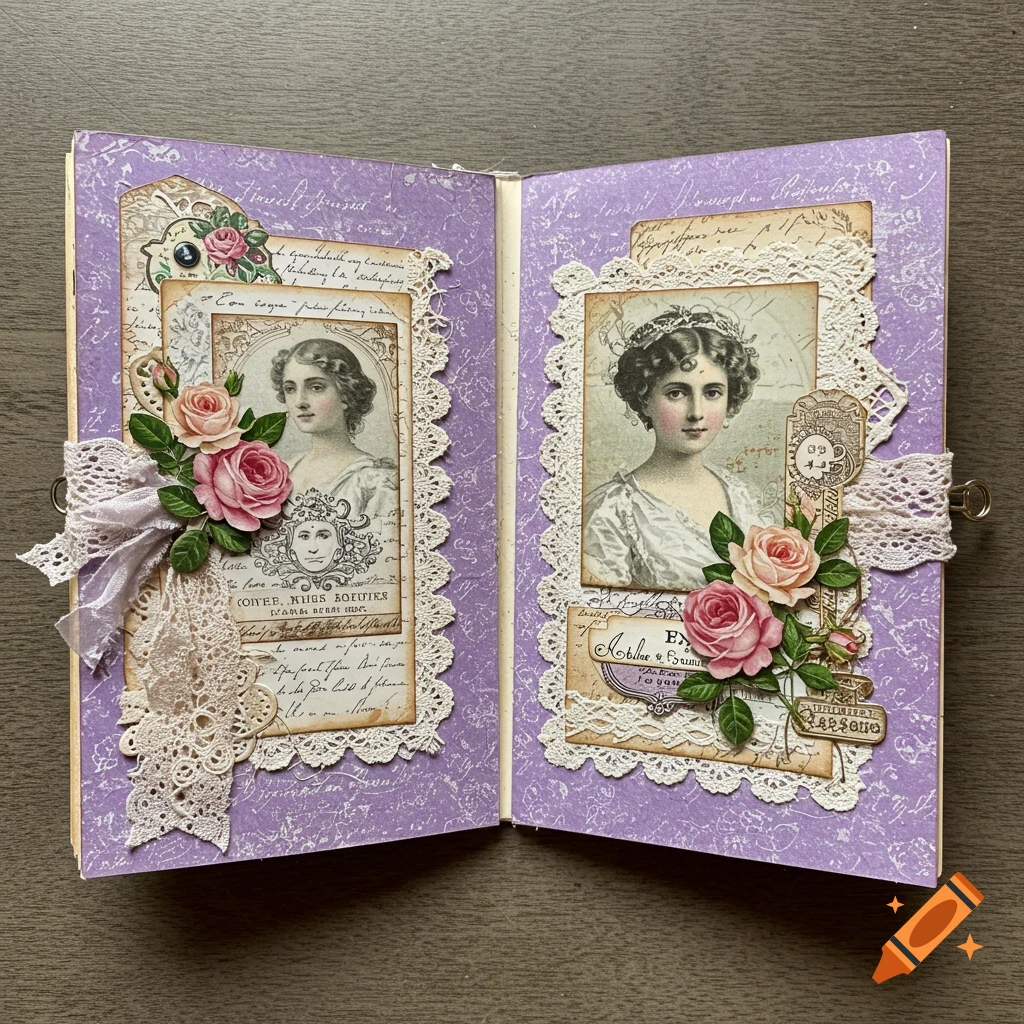 A two-page spread of a purple vintage junk journal with collage elements: portraits, lace, roses, and script.