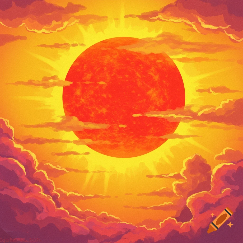 A large red sun in a yellow sky with pink and orange clouds.