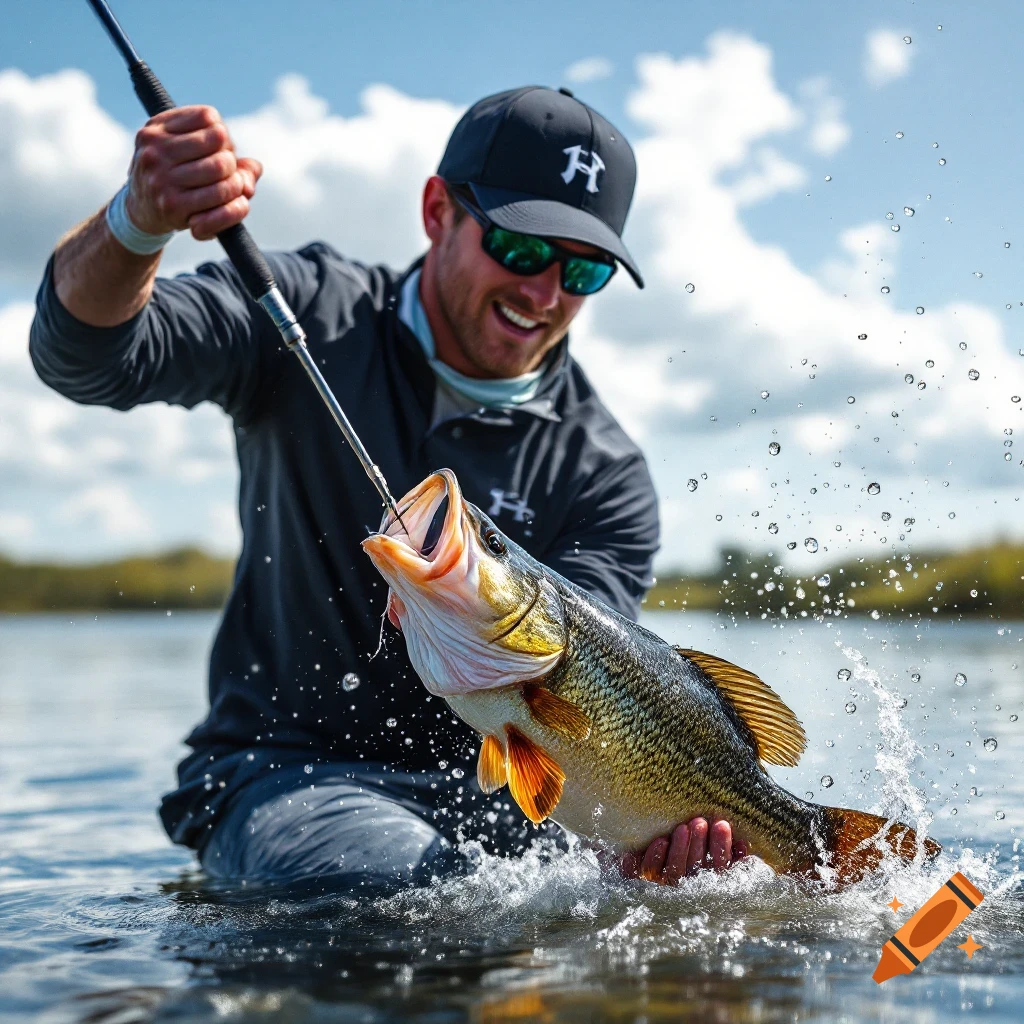 Man holding a large fish caught on a fishing rod in the water, splashing.