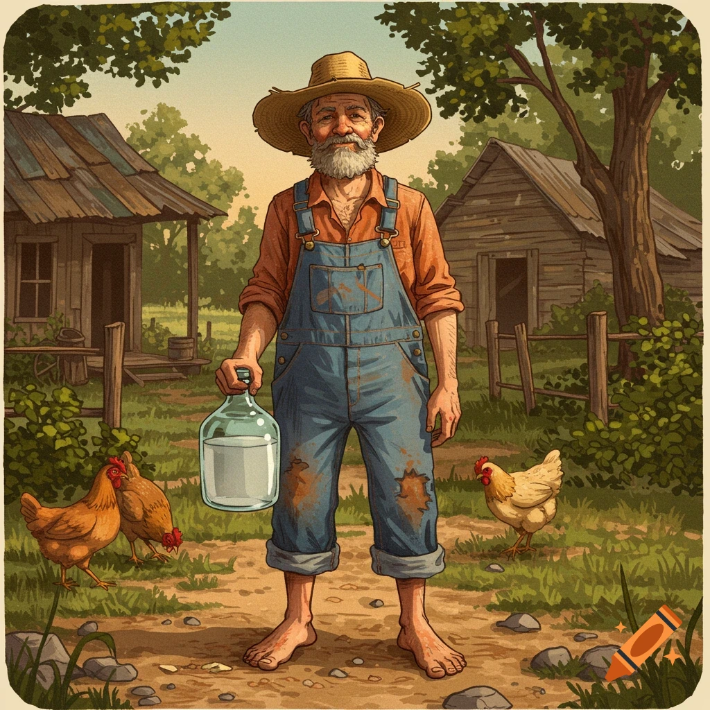 A man in overalls and straw hat holding a jug on a farm with chickens.