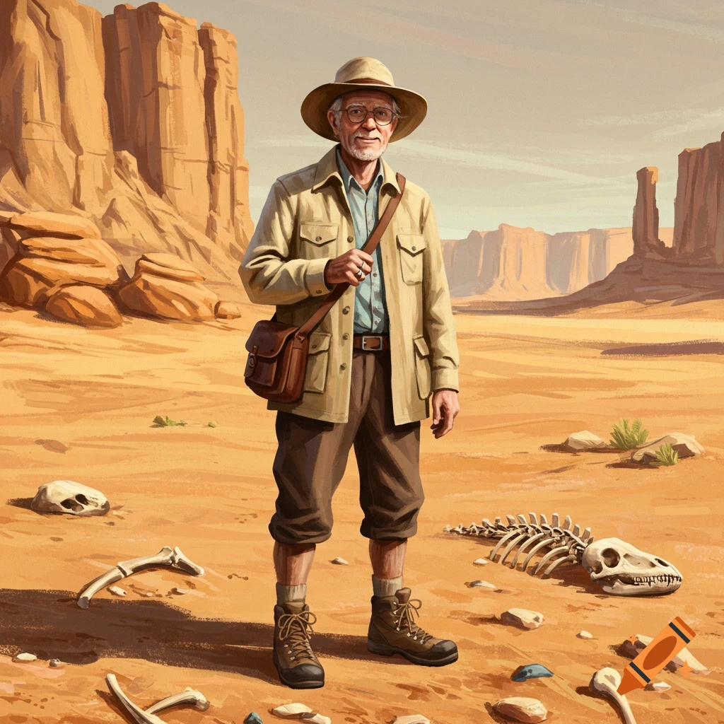 A paleontologist standing in a desert landscape with dinosaur bones