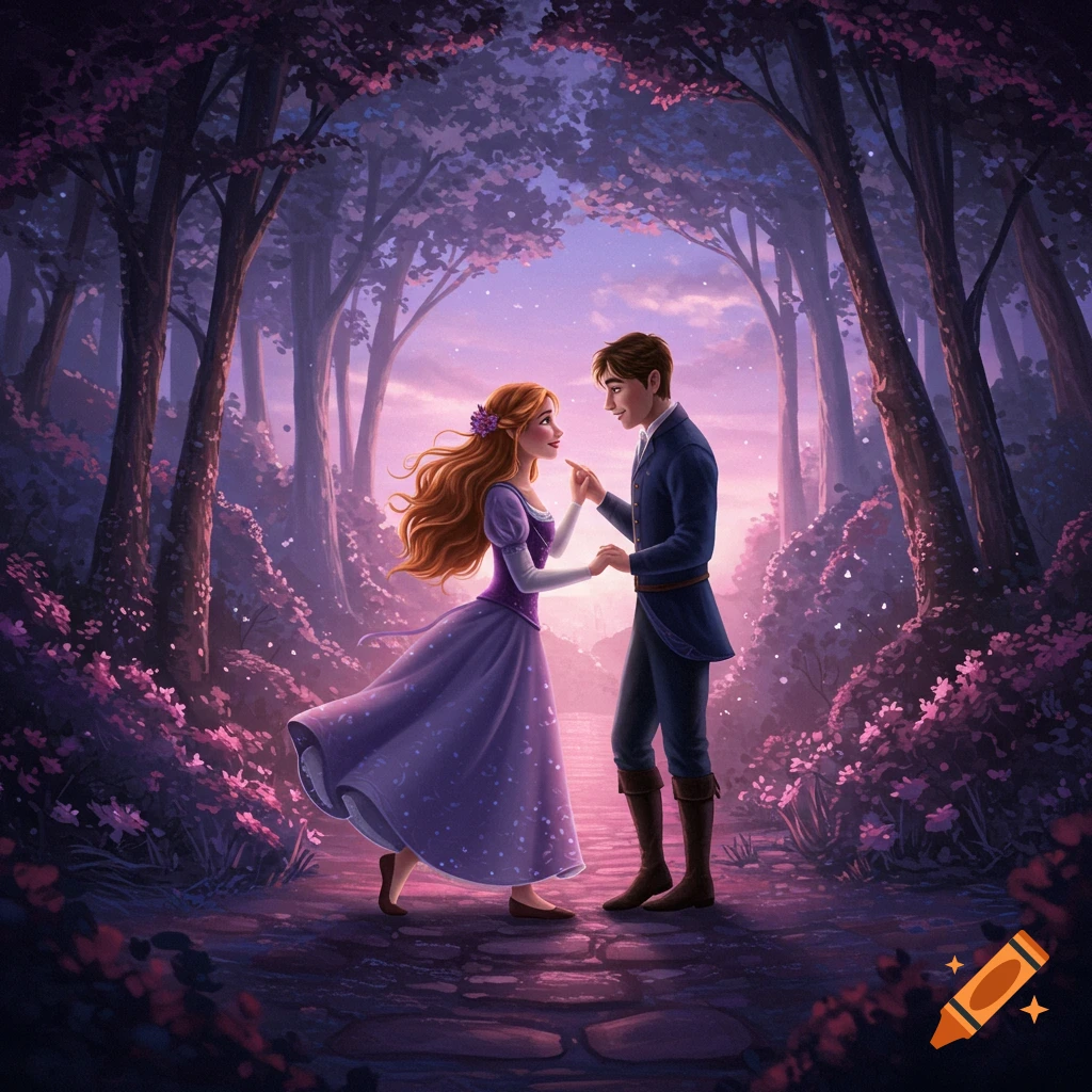 A young couple holding hands in a twilight fantasy forest