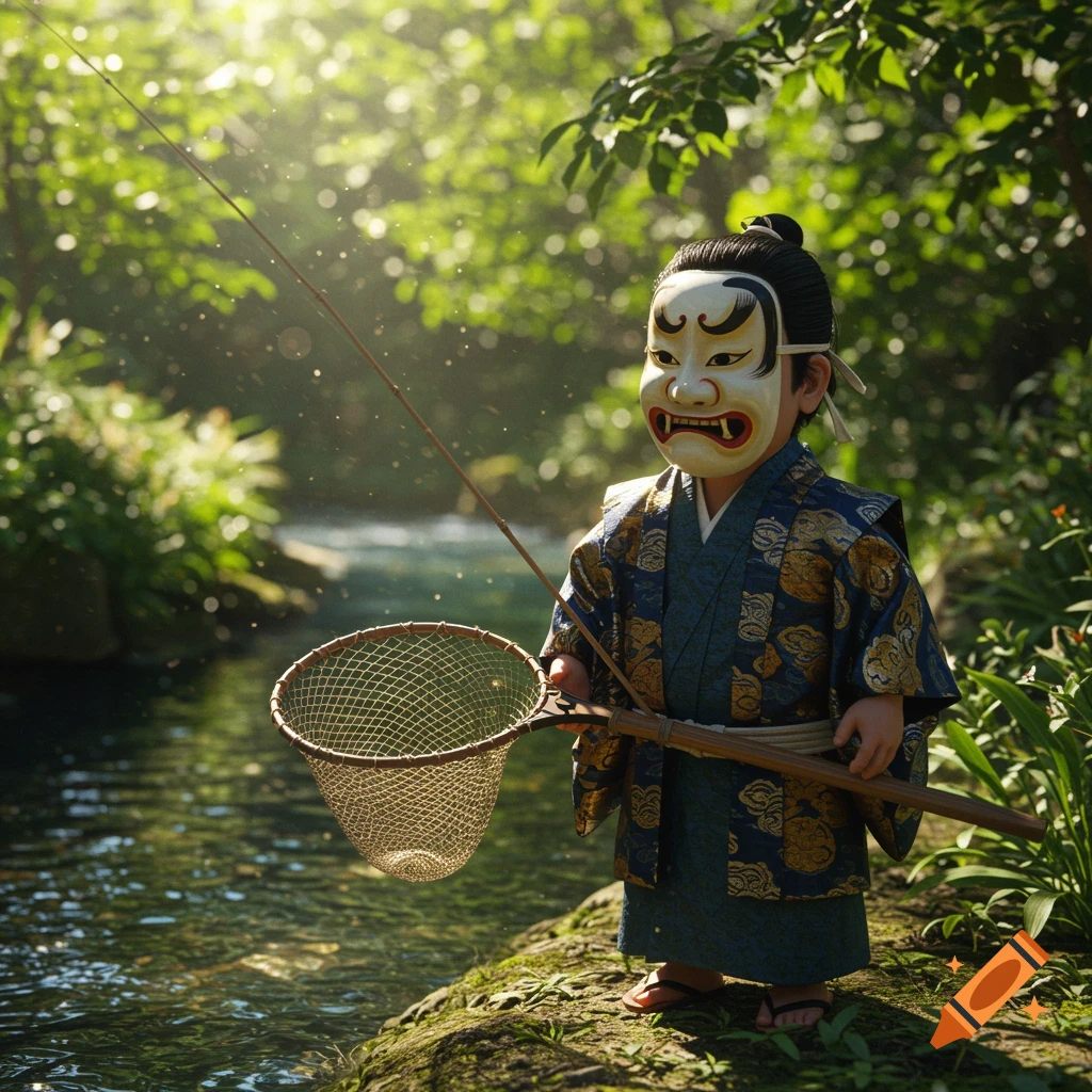 A person in a Kabuki mask and traditional robes fishing by a stream.