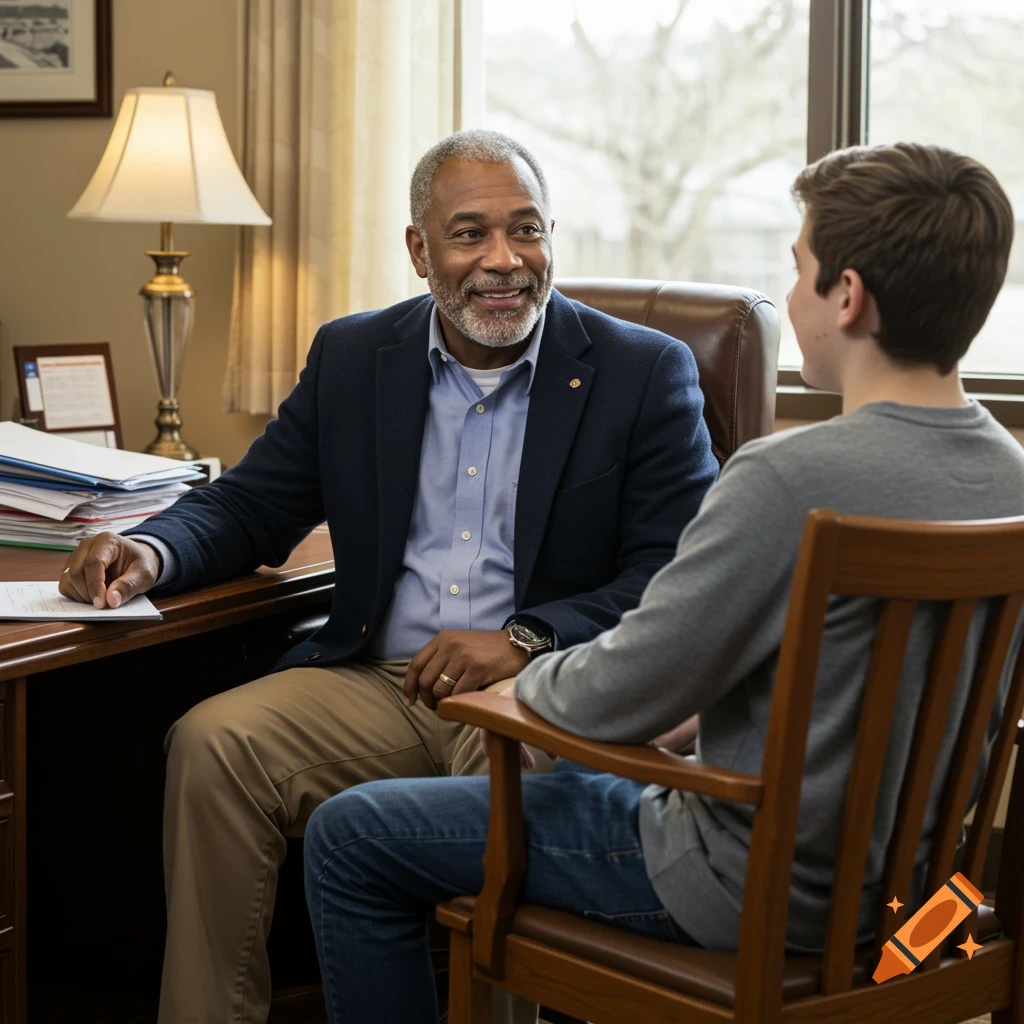 Photorealistic image of a school counselor and student talking in an office.
