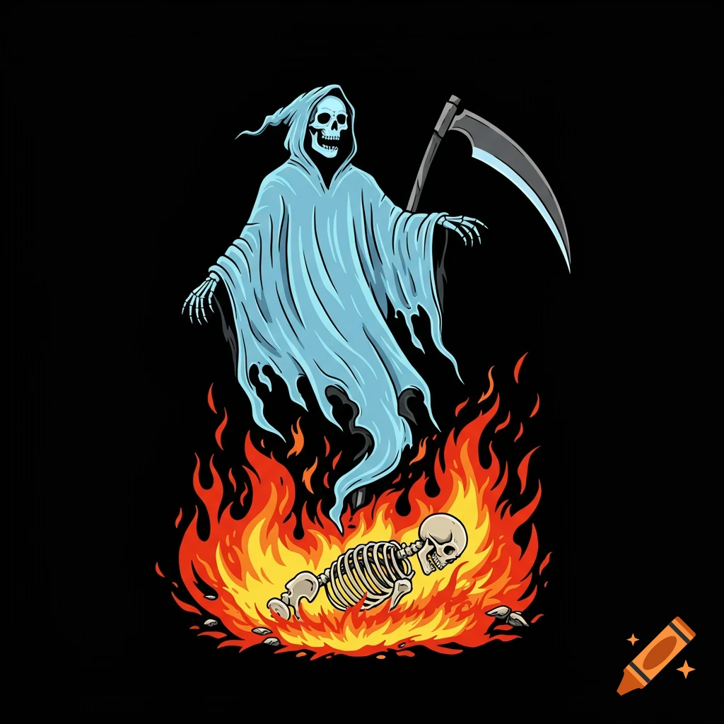 Vector illustration of the Grim Reaper floating above a skeleton in flames.