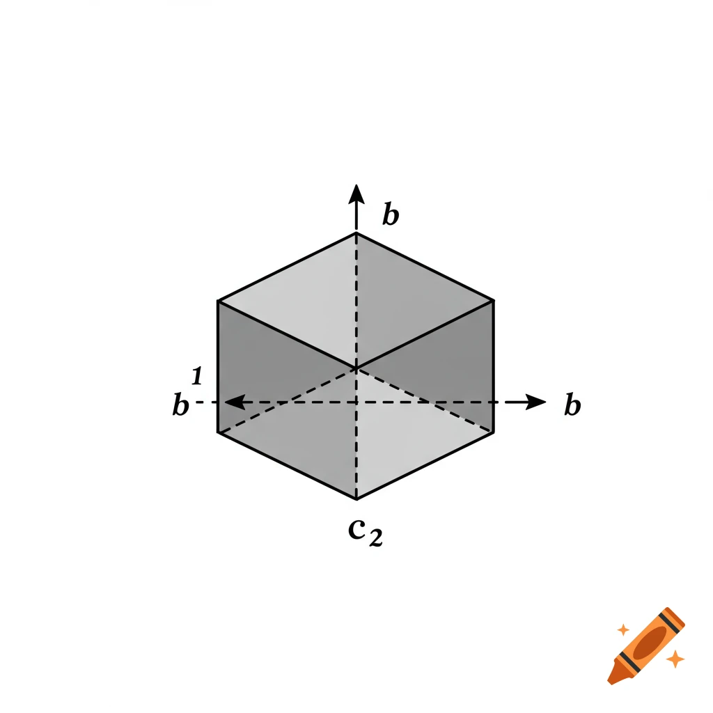 3D diagram of a cube with labeled axes or symmetry elements b, 1, and c2.