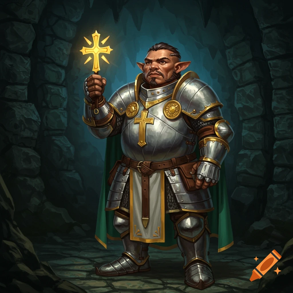 Halfling cleric in plate armor holding a glowing cross in a cave.