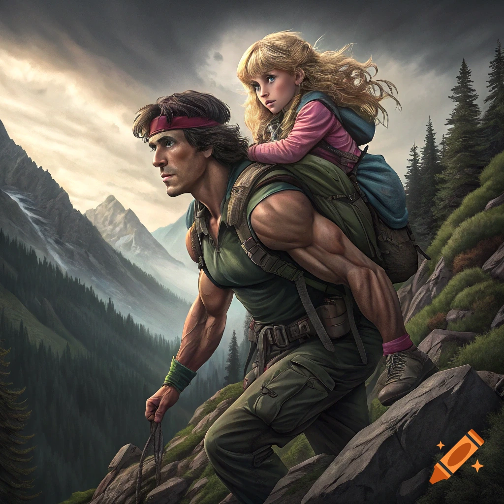 Man carrying a girl up a mountain, dramatic style