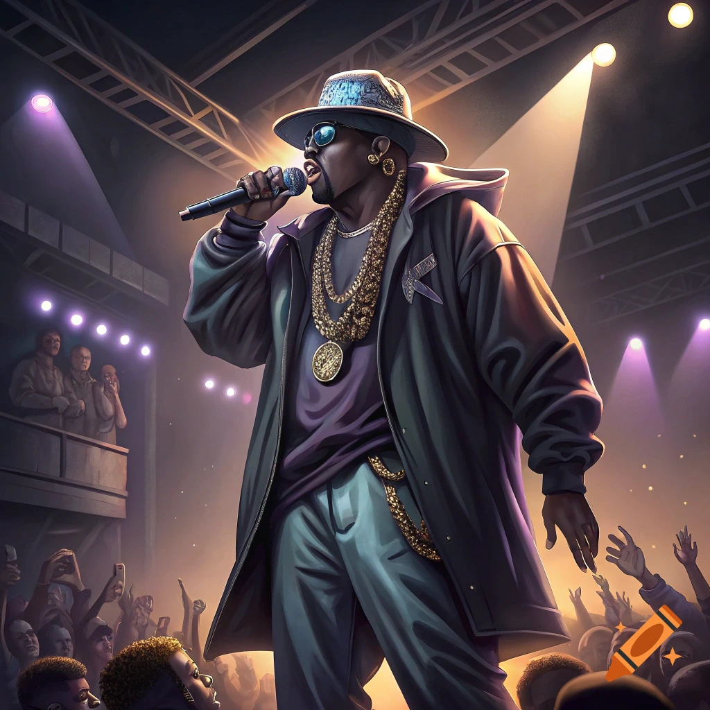 An illustration of a rapper performing on a stage under purple and white spotlights.