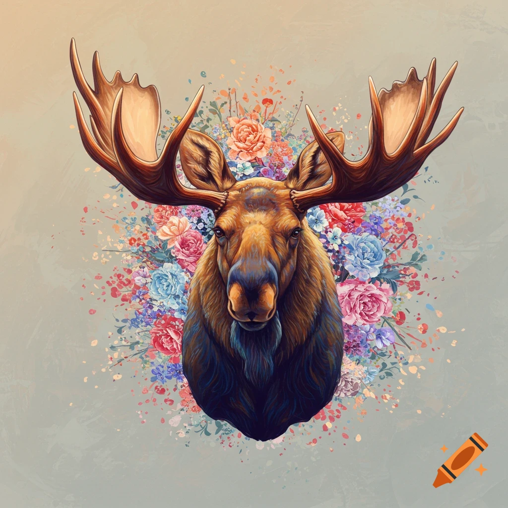 A moose head surrounded by colorful flowers and splatters.
