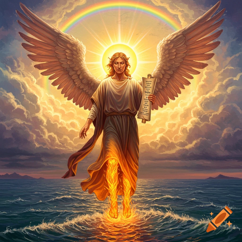 An angel with fiery legs standing on water, holding a scroll, under a rainbow.