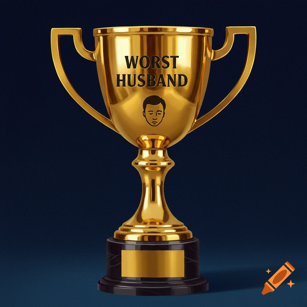 A golden trophy engraved with 'WORST HUSBAND' and a sad face icon.